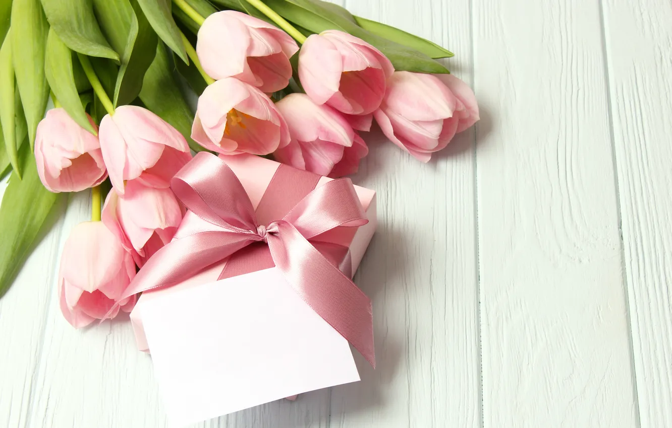 Photo wallpaper flowers, gift, bouquet, tulips, pink, wood, pink, flowers