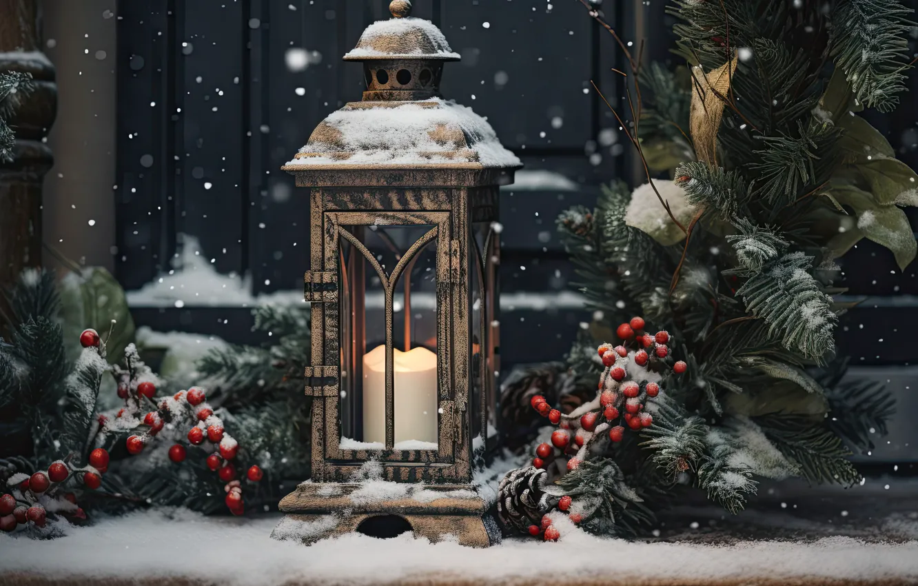 Photo wallpaper winter, snow, decoration, night, new year, Christmas, lights, light