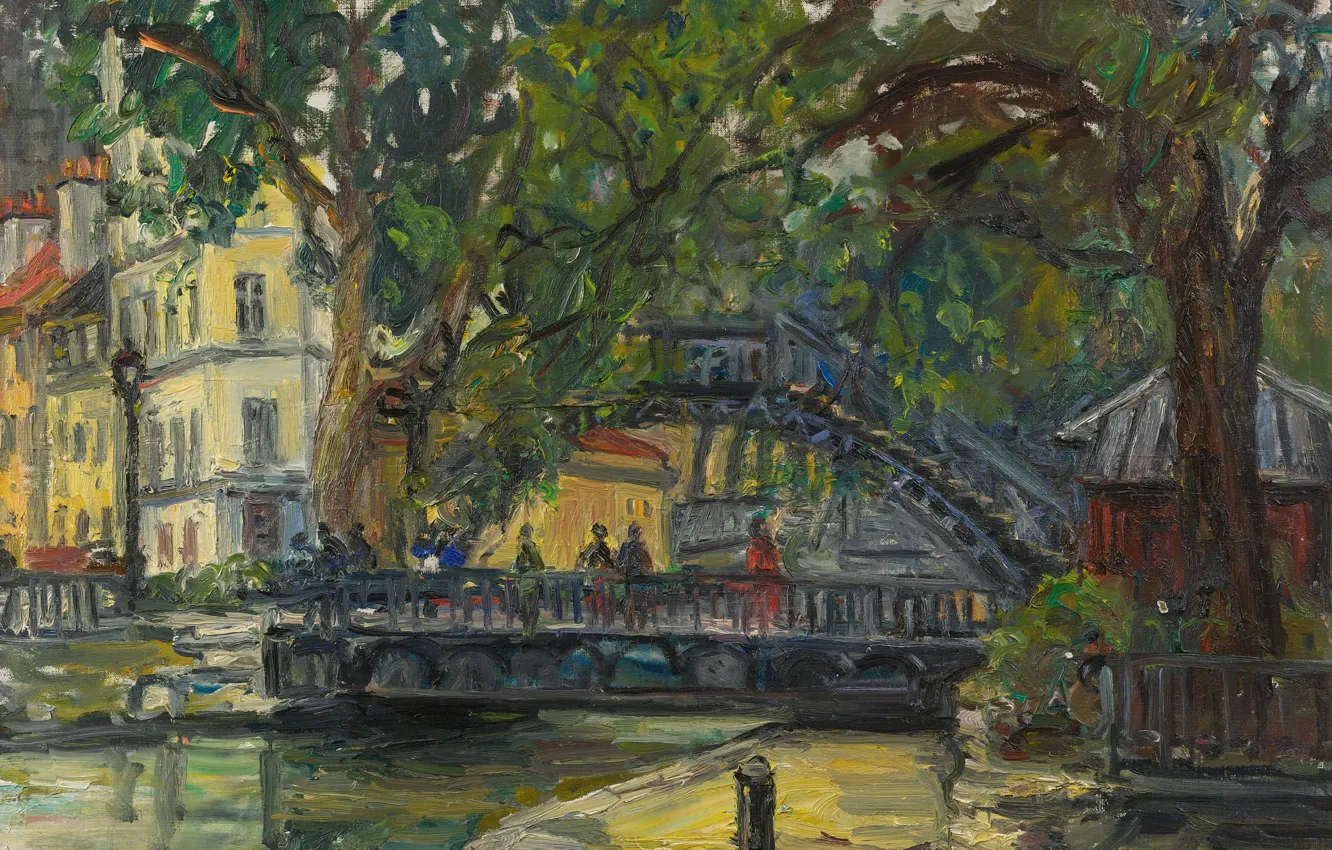 Photo wallpaper trees, bridge, home, picture, the urban landscape, The Canal Saint-Martin. Paris, Arbit Blatas