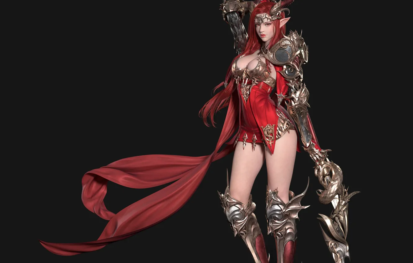 Photo wallpaper girl, red, armor, art, cloak
