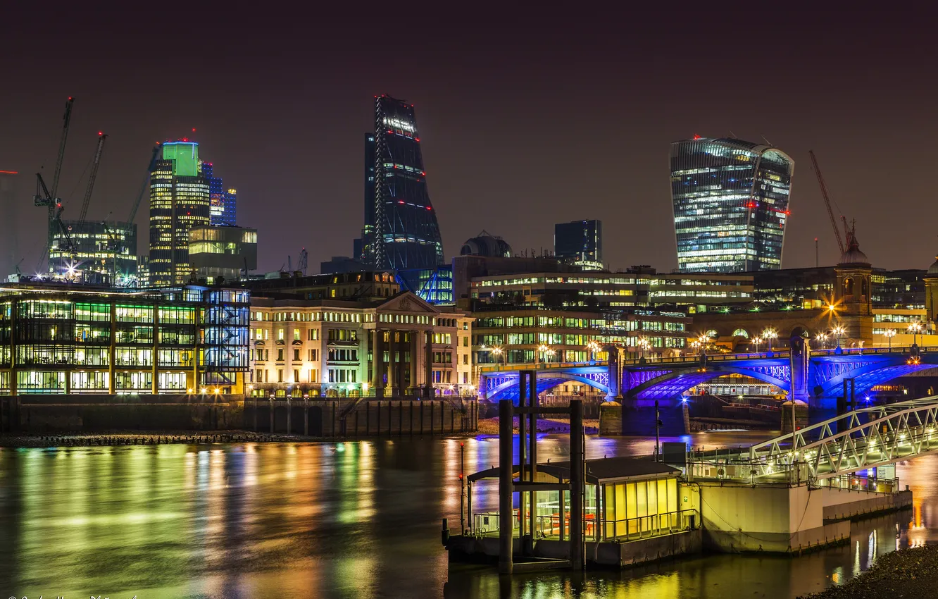 Photo wallpaper night, bridge, lights, river, England, London, home, lights
