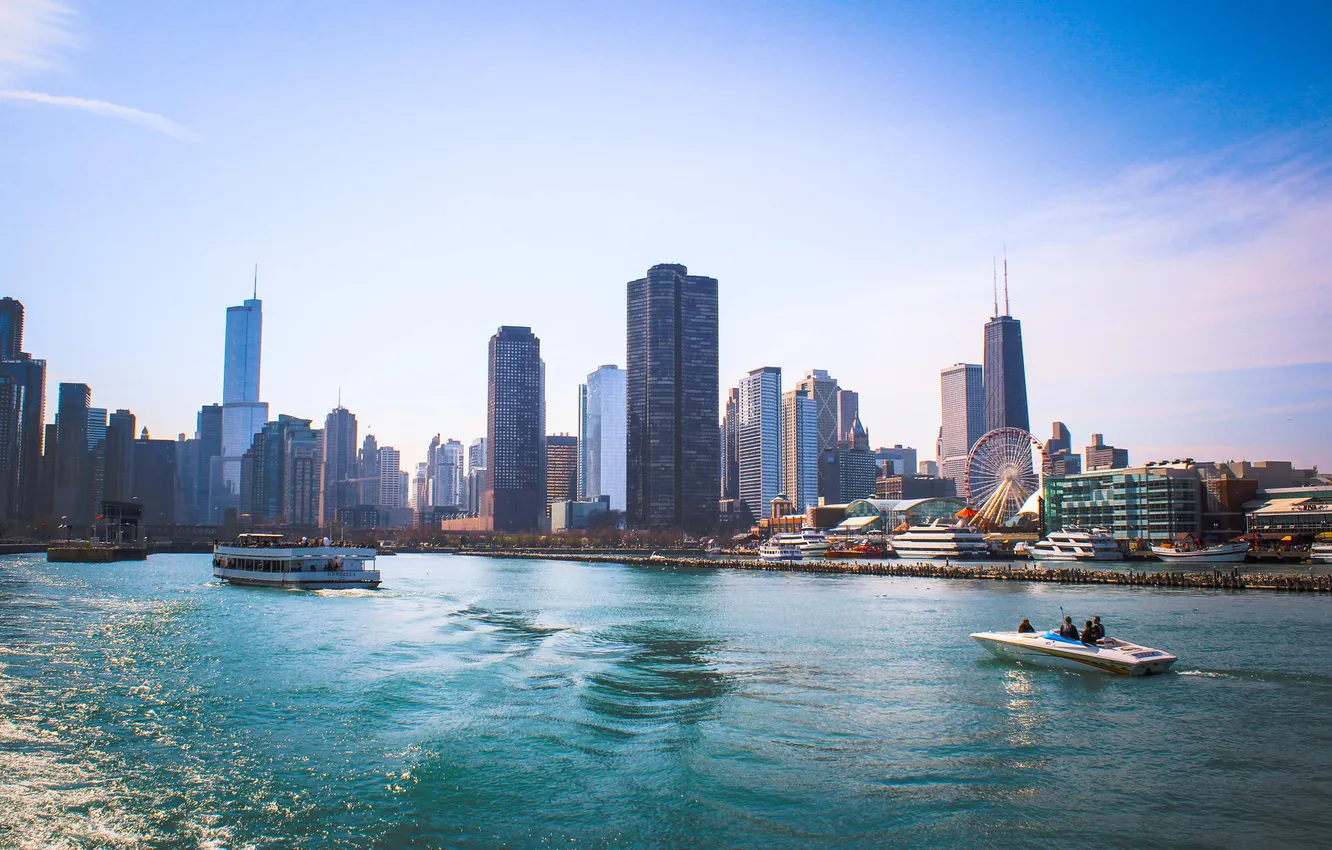 Photo wallpaper water, city, river, building, home, skyscrapers, Chicago, USA