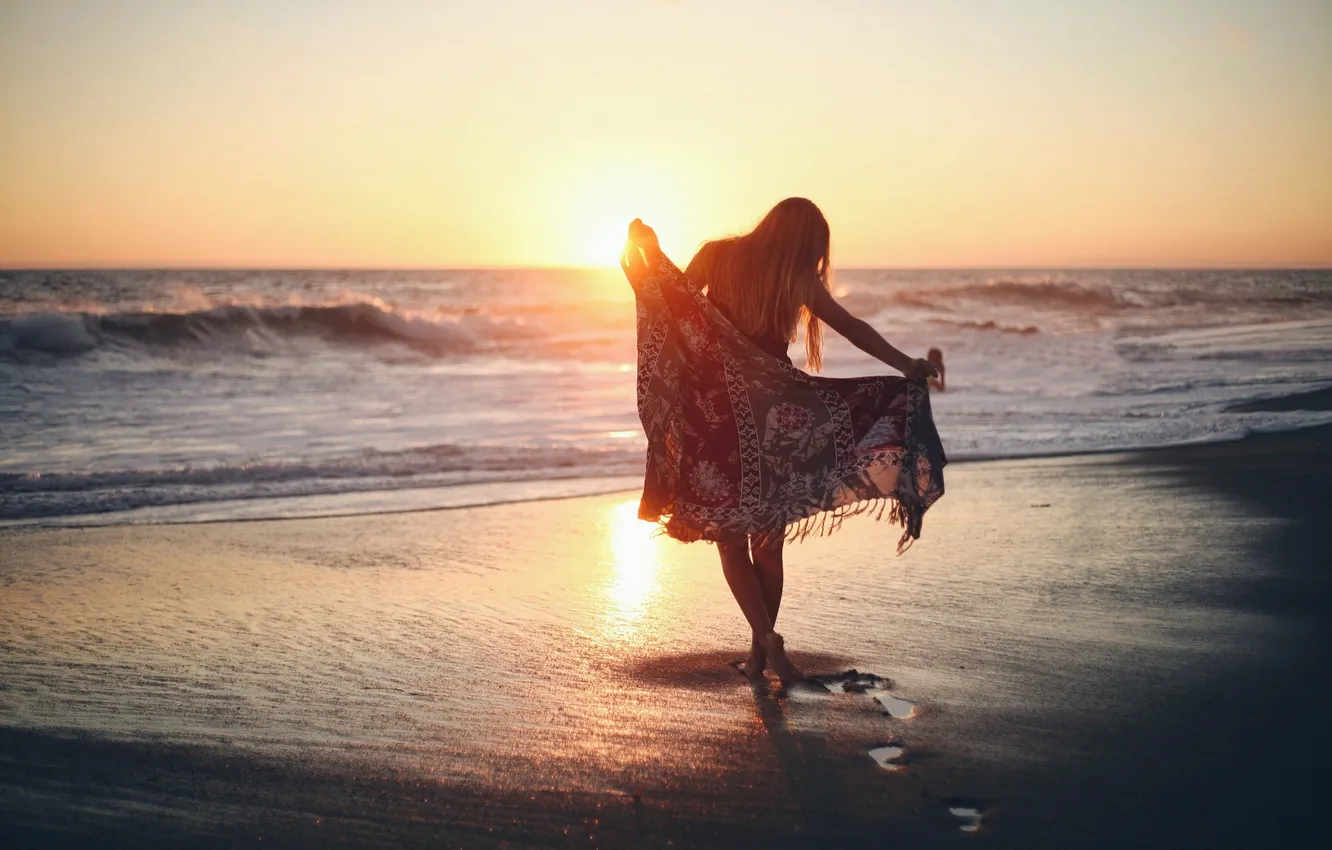Photo wallpaper beach, girl, sunset, traces, shawl