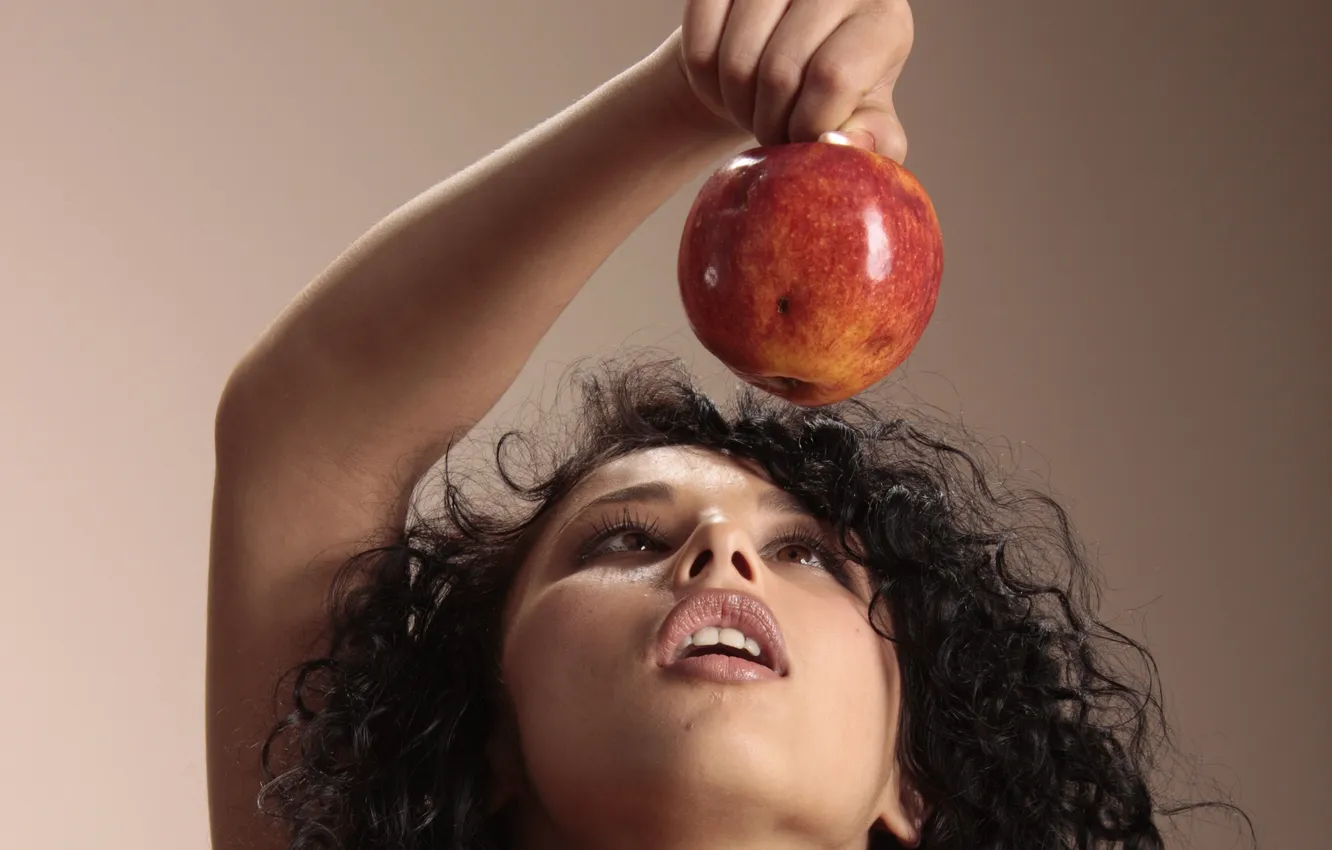 Photo wallpaper girl, background, model, hair, apples, brunette, Gloria A