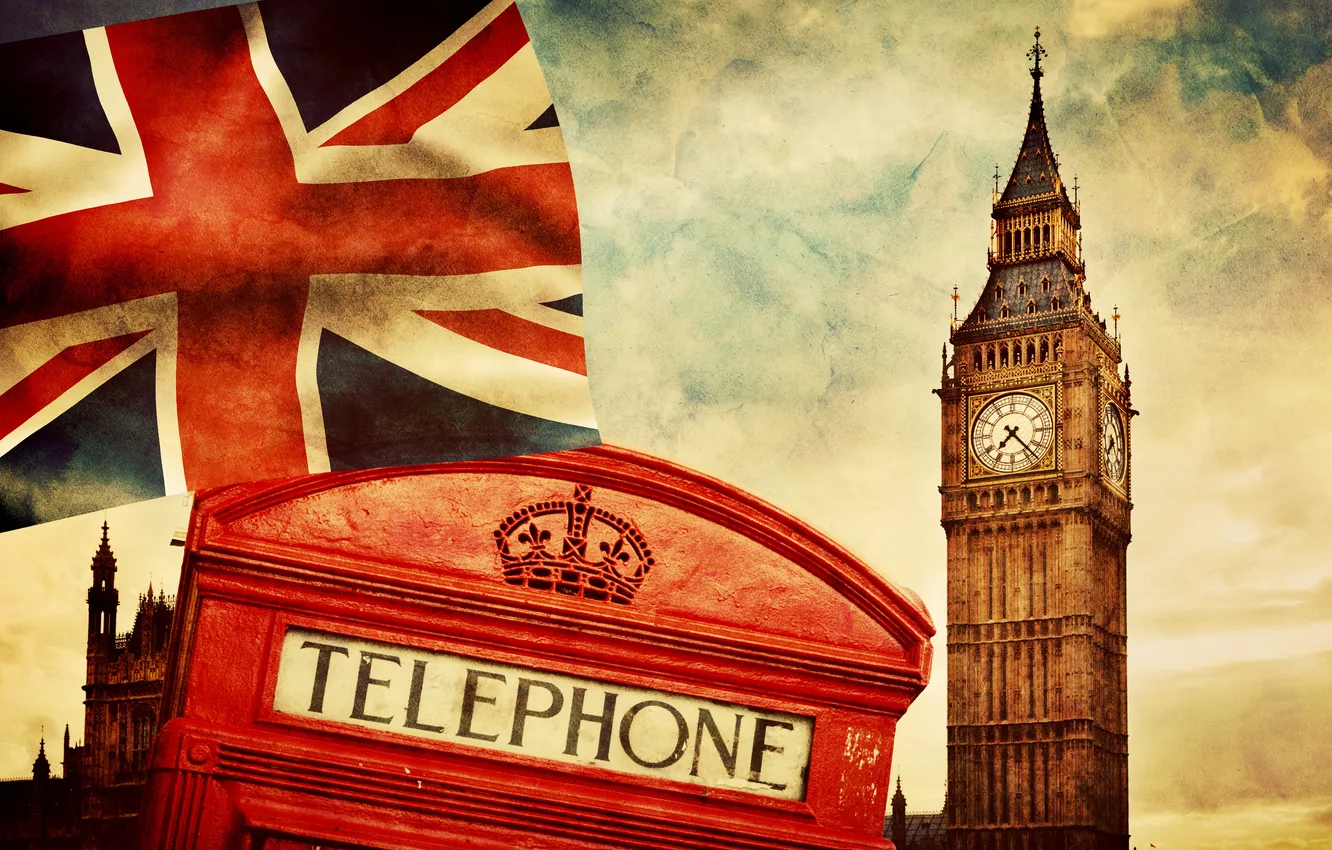 Photo wallpaper England, London, vintage, symbol, London, England, Big Ben, Telephone