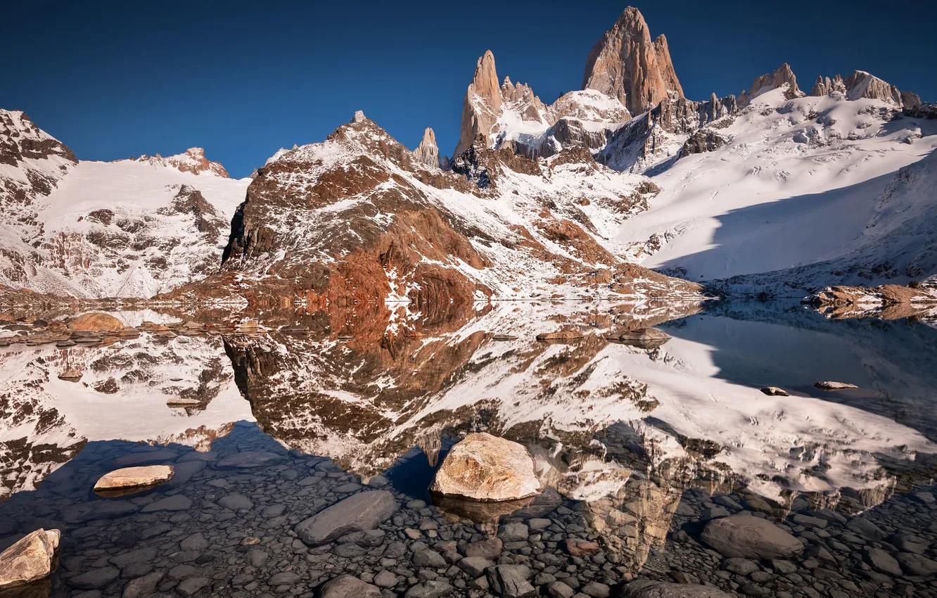 Photo wallpaper the sky, snow, mountains, lake, reflection, mirror
