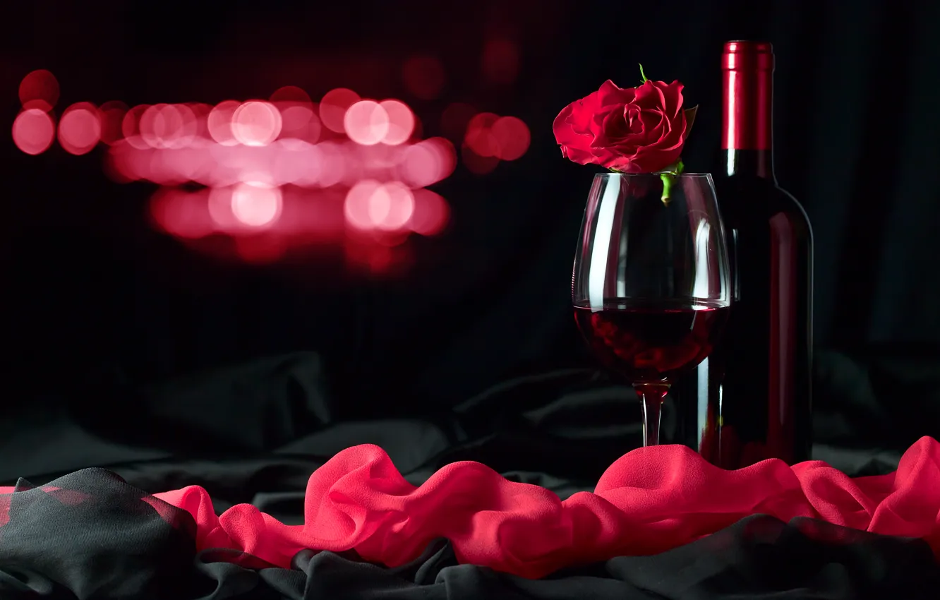 Photo wallpaper glare, wine, red, glass, rose, bottle, twilight