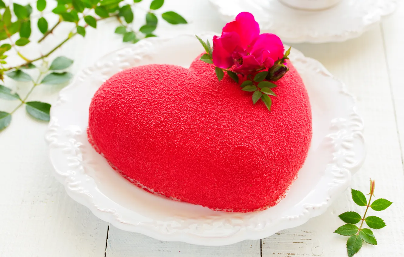 Photo wallpaper red, heart, plate, sweets, cake, Valentine's day, cream, leaves