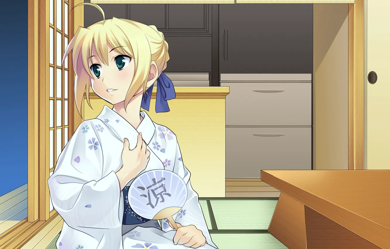 Photo wallpaper girl, room, fan, yukata, the saber, Fate stay night, Fate / Stay Night