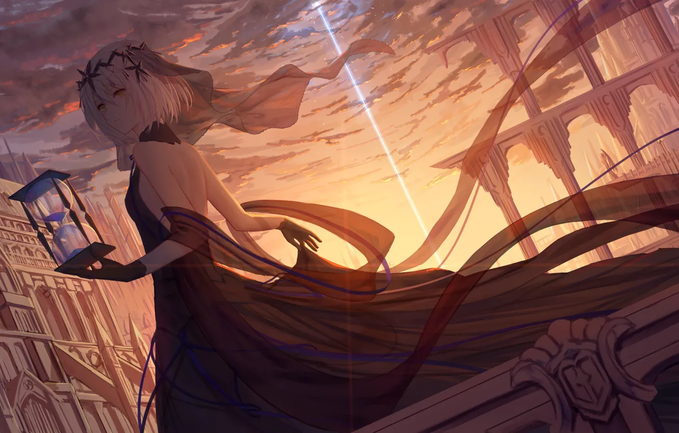 Photo wallpaper Sunset, Girl, The city, Hourglass, Art, A beam of light, Fate / Grand Order, The …