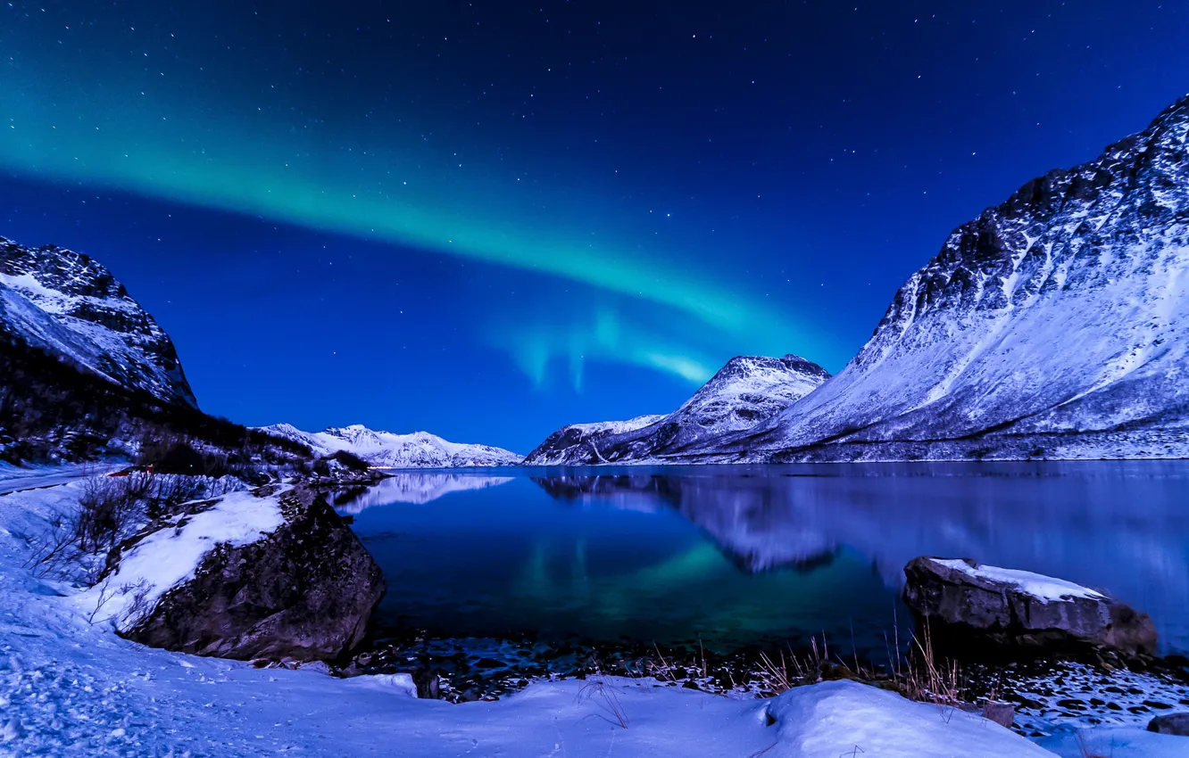 Photo wallpaper the sky, snow, mountains, night, lake, Northern lights
