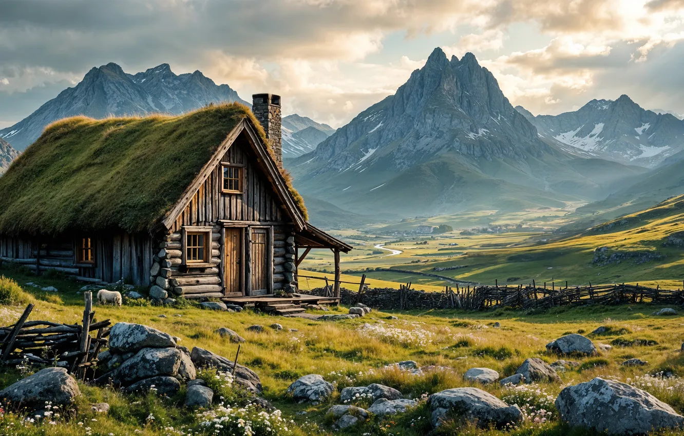 Photo wallpaper the sky, mountains, clouds, nature, home, meadow, hut, landscape