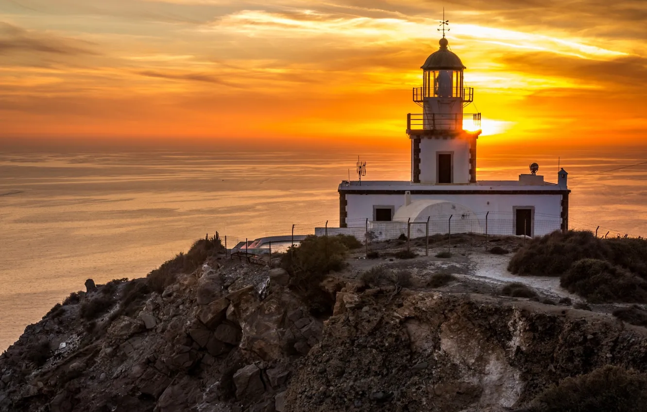 Photo wallpaper sea, landscape, sunset, nature, rock, lighthouse, Greece, Akrotiri Beach