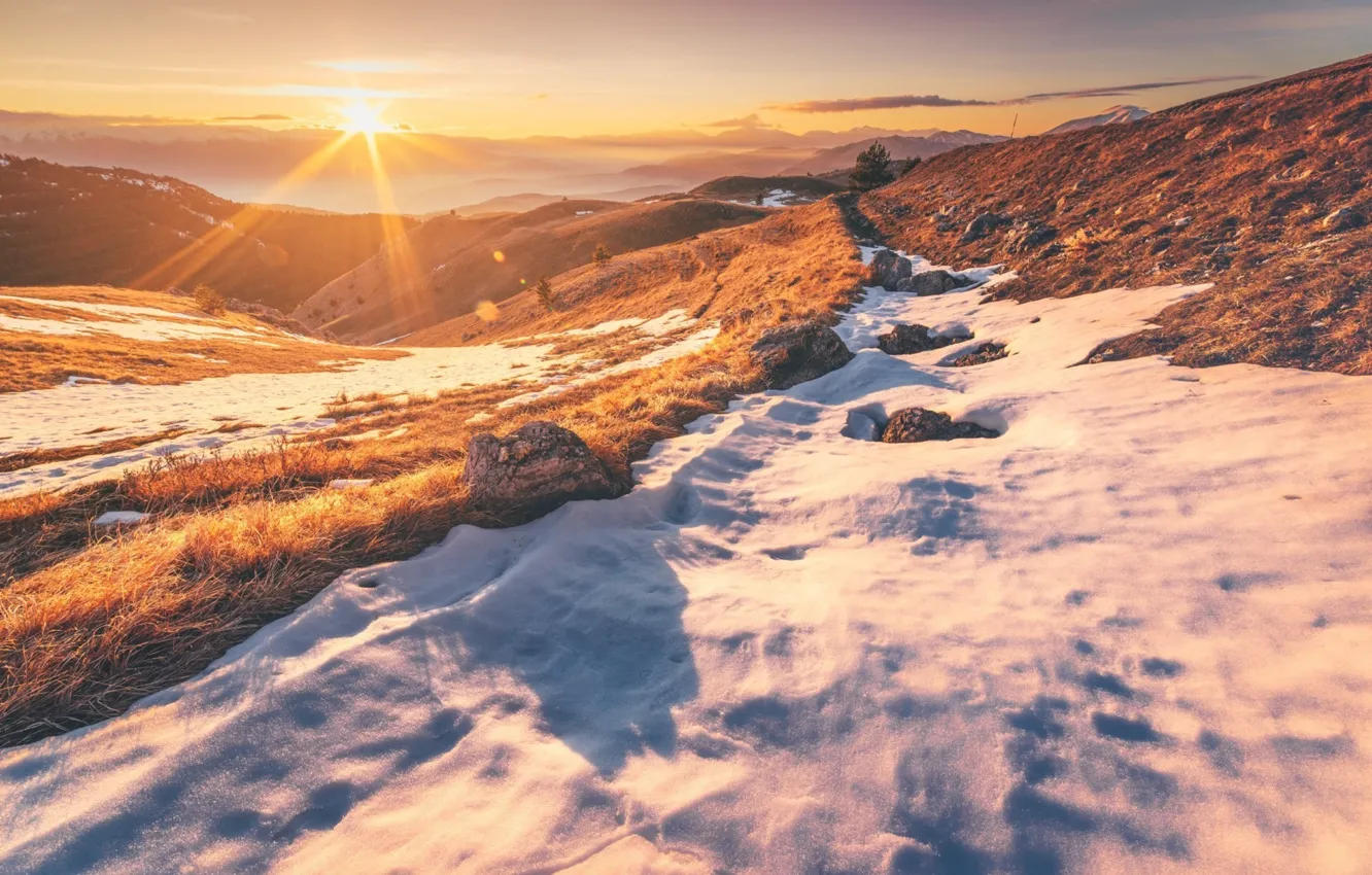 Photo wallpaper ice, winter, the sky, the sun, light, snow, sunset, mountains