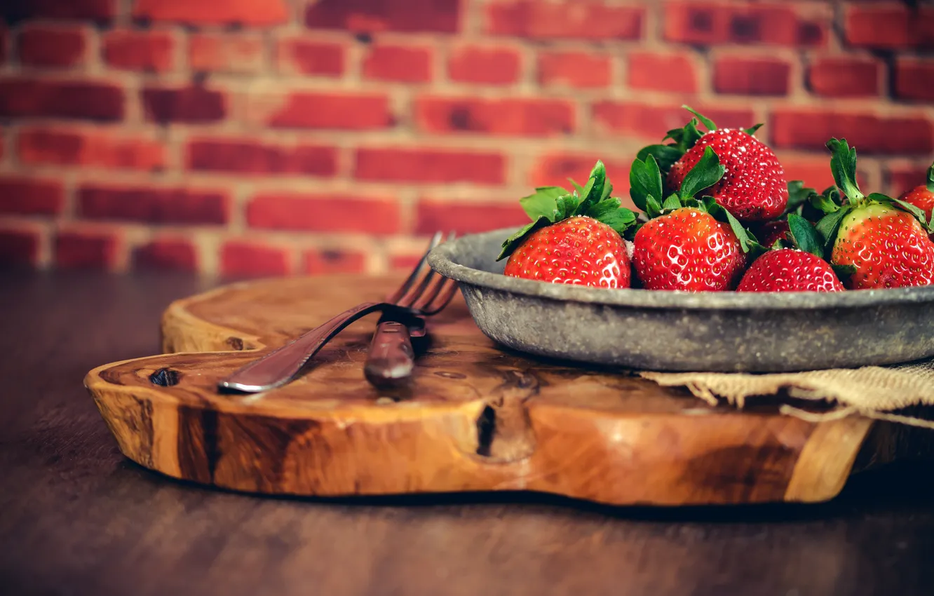 Photo wallpaper berries, background, wall, food, brick, strawberry, plate, plug