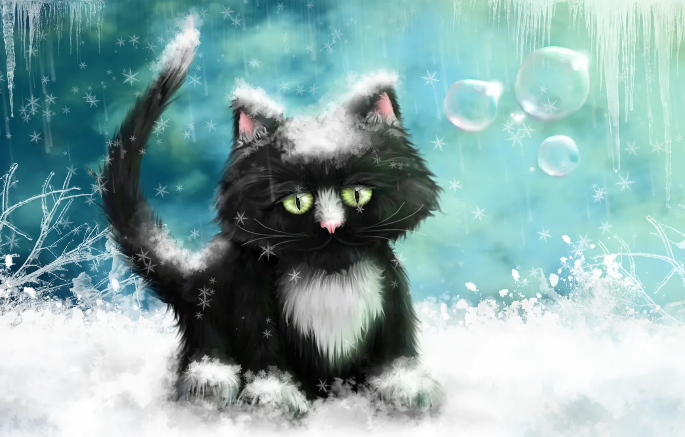 Photo wallpaper winter, cat, snow, figure, ice, picture, icicles, frost