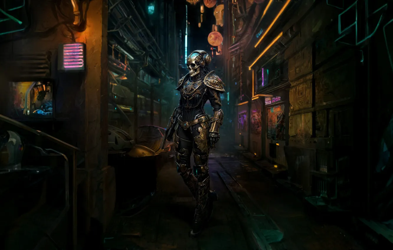 Photo wallpaper the city, street, skull, skeleton, gloomy