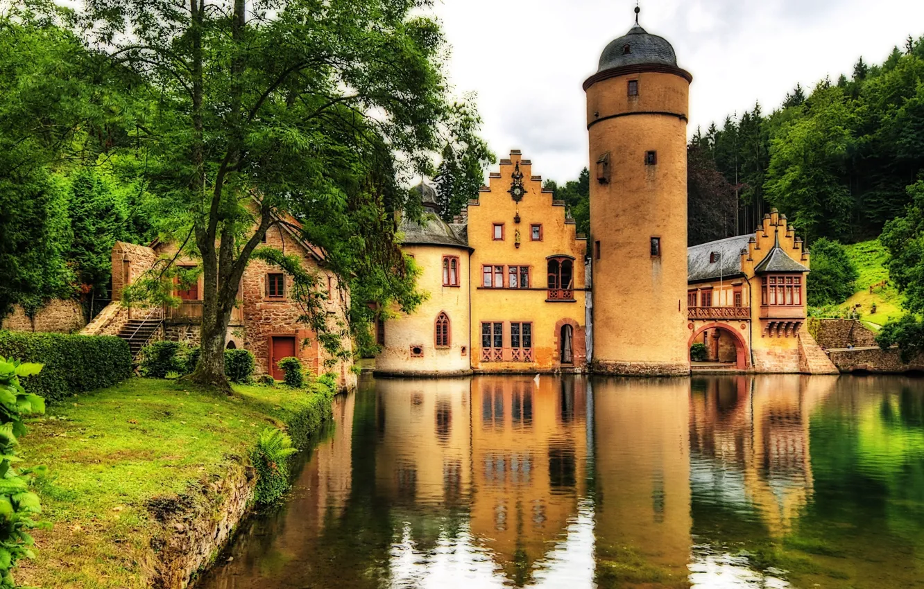 Photo wallpaper water, trees, landscape, lake, castle, landscape, tower, Germany