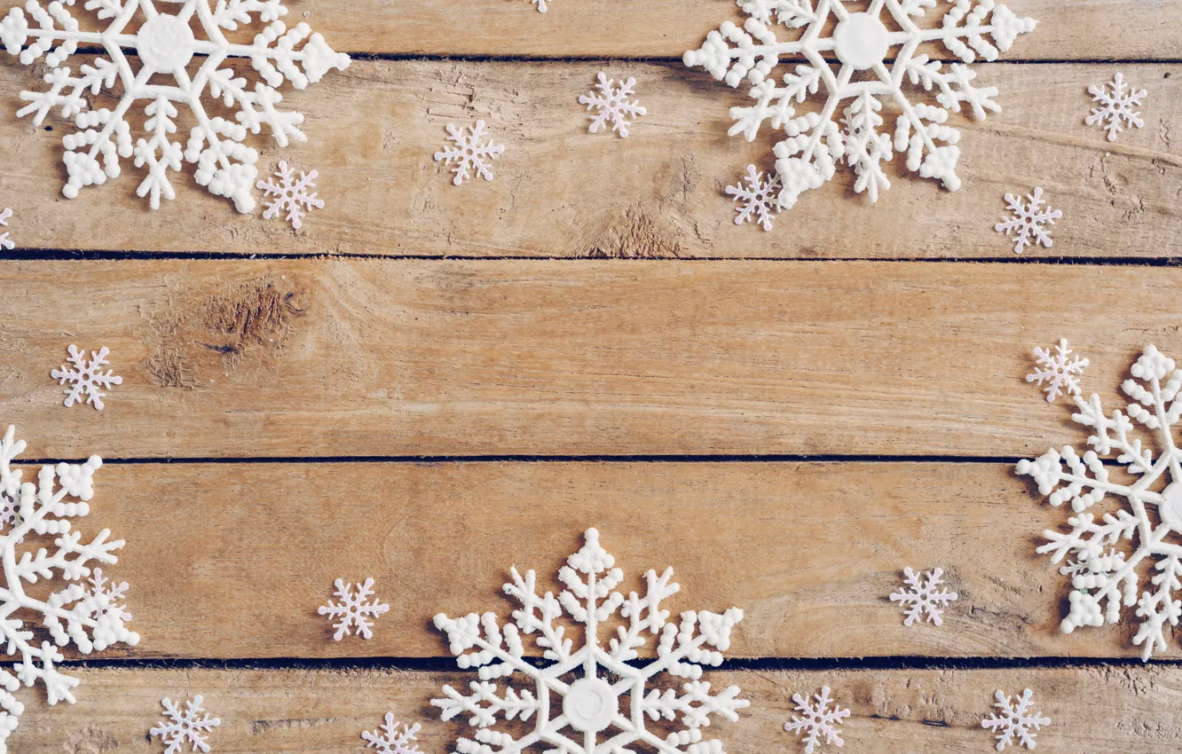 Photo wallpaper winter, snowflakes, tree, Board, New Year, new year, wood, winter