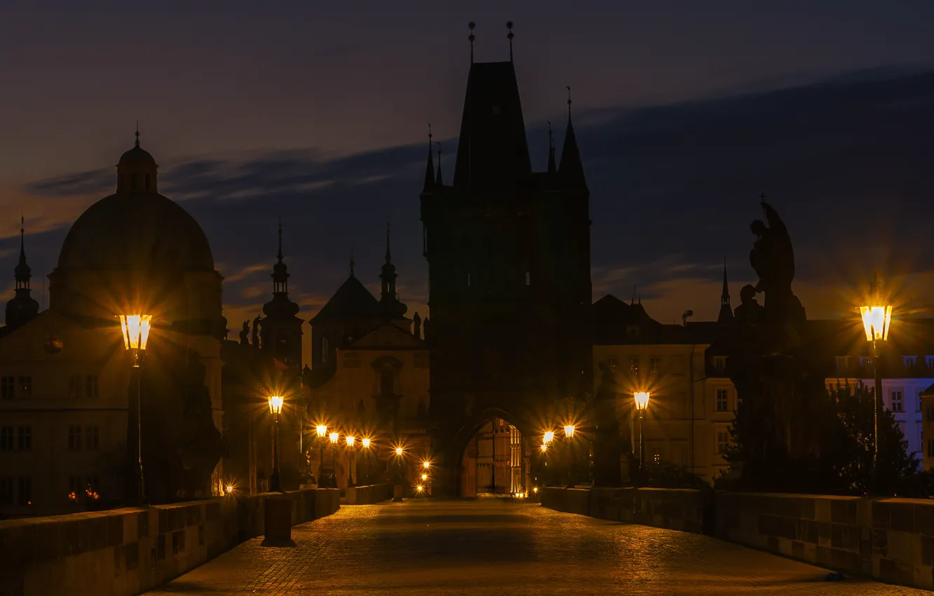 Photo wallpaper night, clouds, bridge, lights, darkness, building, home, Prague