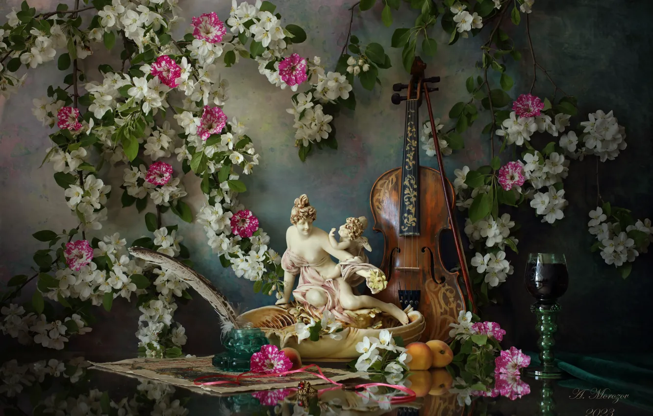 Photo wallpaper flowers, branches, pen, violin, glass, sculpture, figure, apricots
