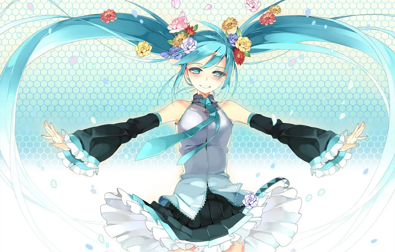 Photo wallpaper girl, flowers, smile, art, tie, vocaloid, hatsune miku, Vocaloid