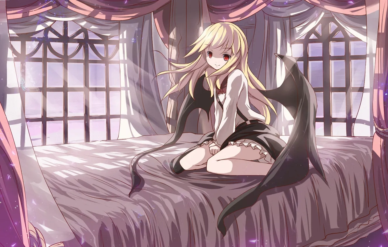 Photo wallpaper girl, bed, wings, the demon, art, touhou, risuta an, institution