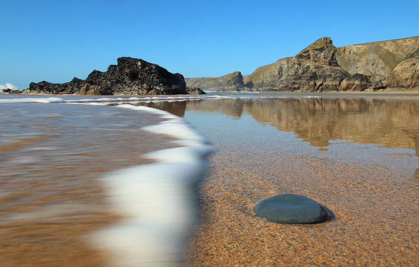 Photo wallpaper sand, sea, beach, the ocean, coast, stone, England, Cornwall