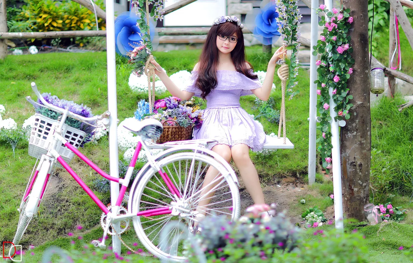 Photo wallpaper summer, girl, bike, swing, Asian