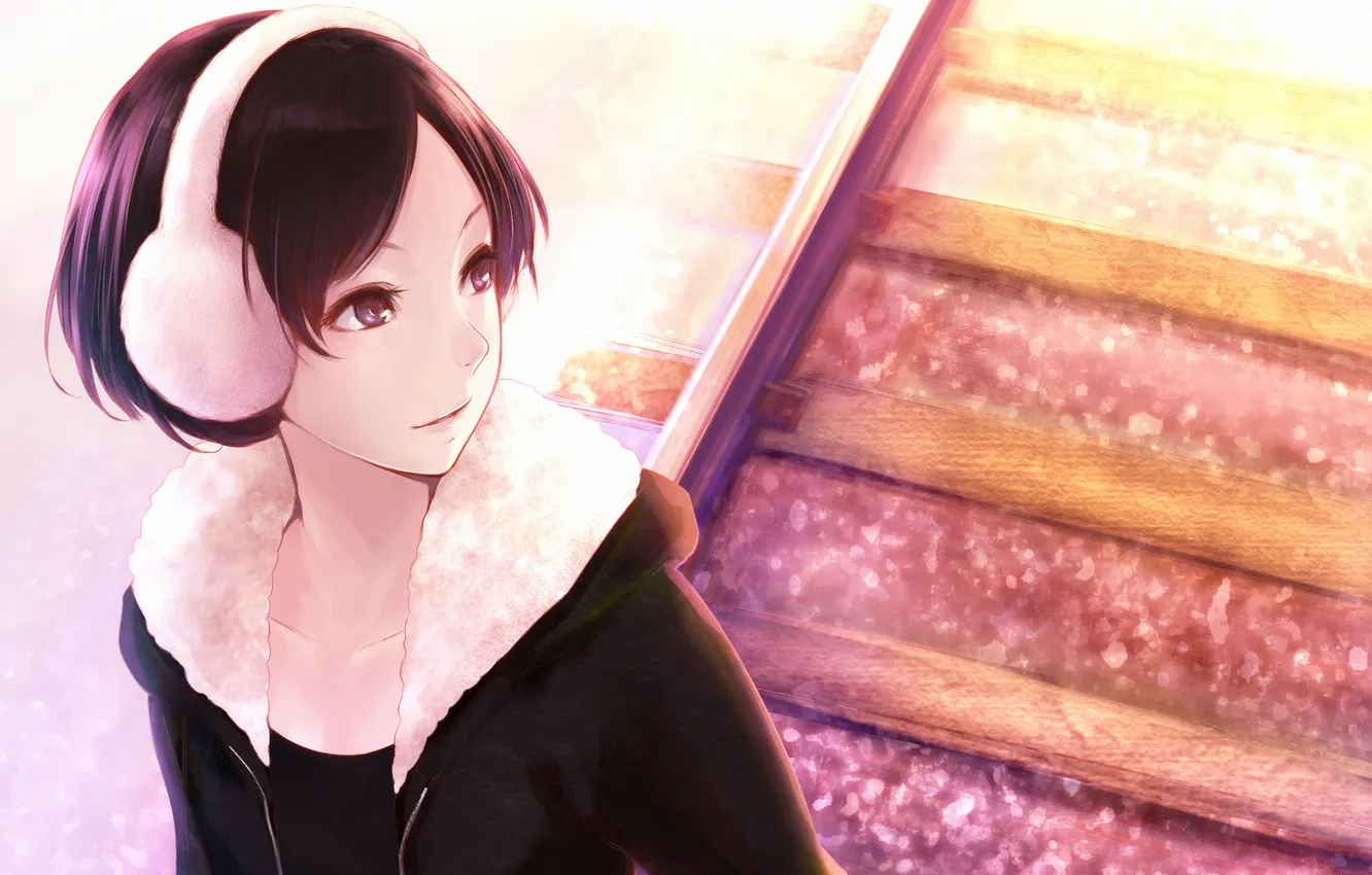 Photo wallpaper road, girl, rails, headphones, short hair