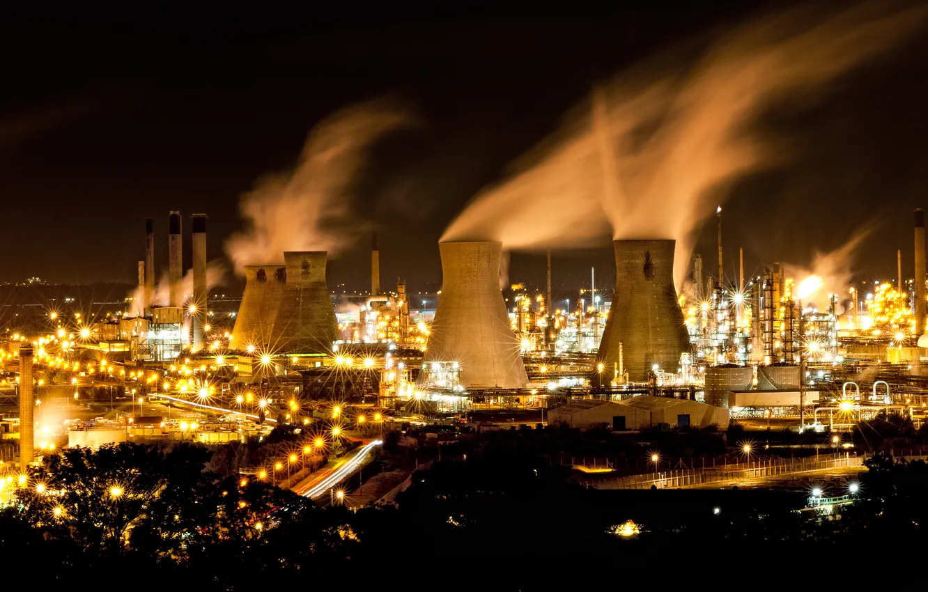 Photo wallpaper night, the city, lights, plant, smoke, station, atomic