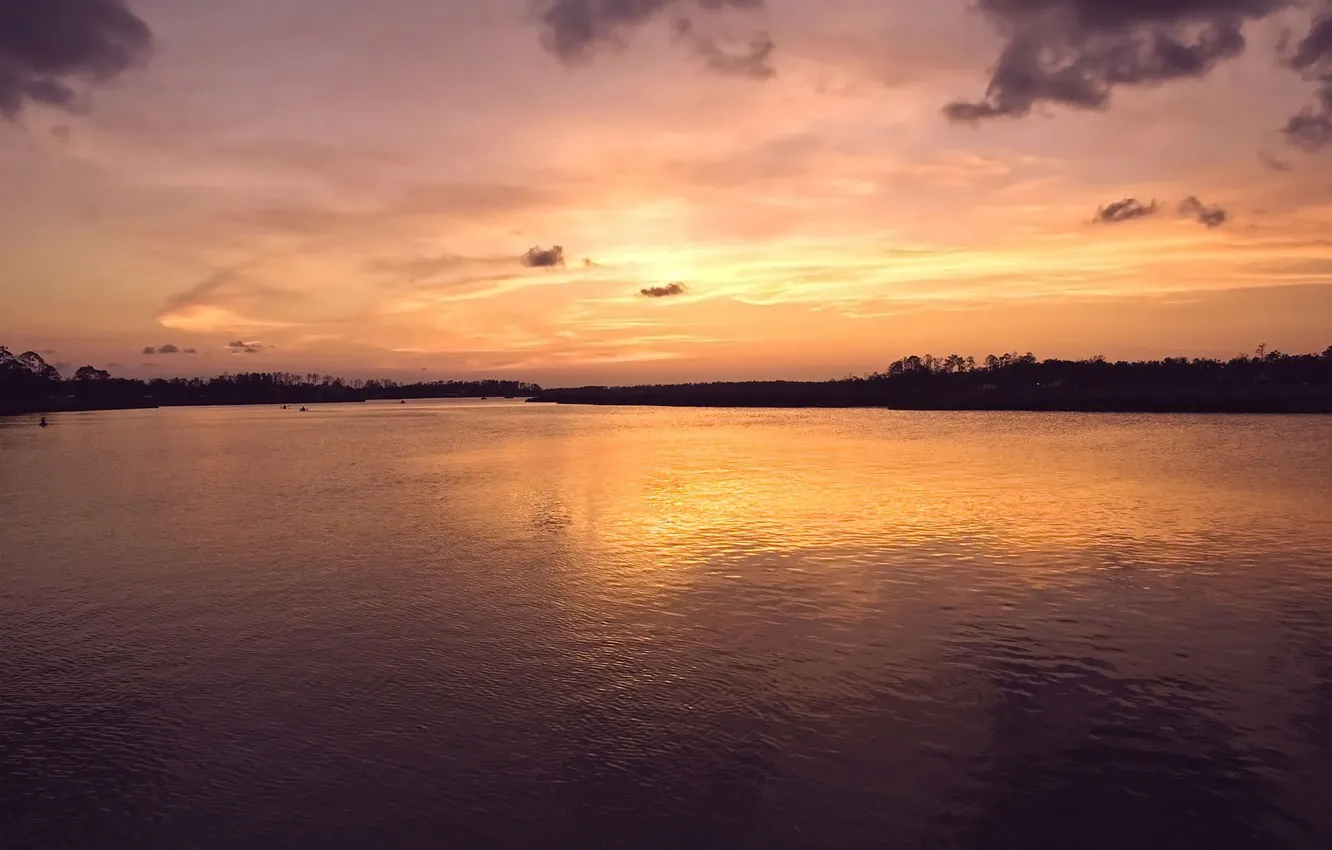 Photo wallpaper the sky, water, clouds, light, sunset, nature, river, light