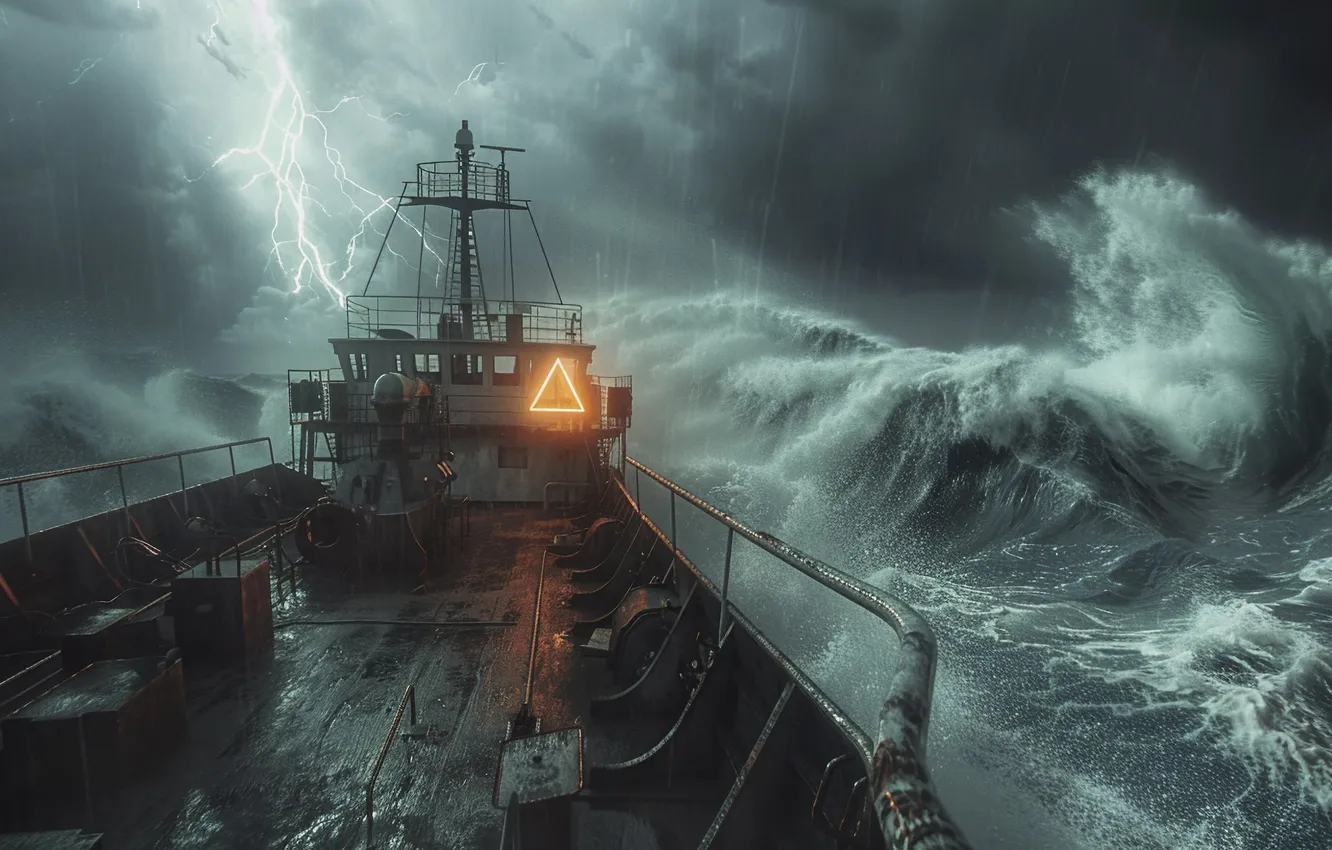 Photo wallpaper sea, wave, clouds, rain, lightning, ship, deck, digital art