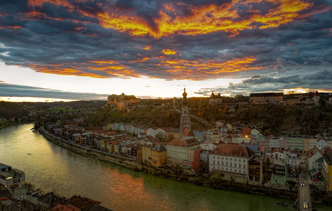 Photo wallpaper the sky, clouds, sunset, river, building, home, Germany, panorama