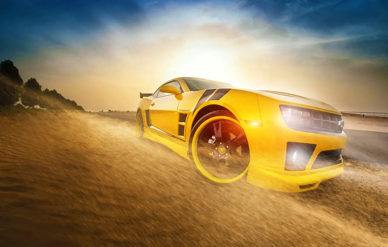 Photo wallpaper Chevrolet, Camaro, Car, Front, Sun, Yellow, Transformers, Bumblebee