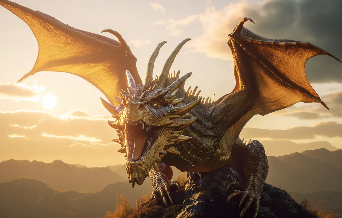 Photo wallpaper flight, dawn, dragon, wings, grin, digital art, AI art, The Art of Artificial Intelligence