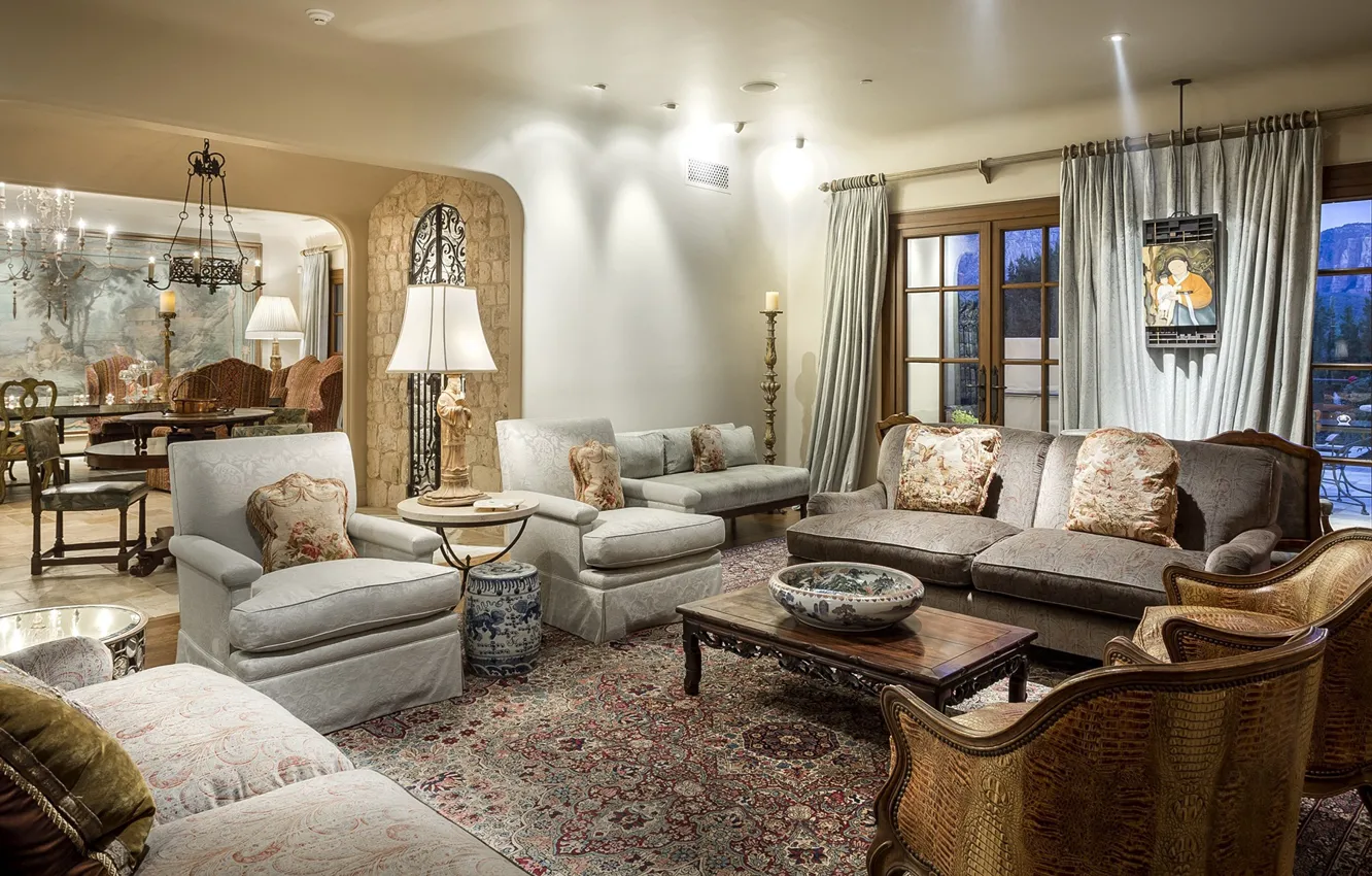 Photo wallpaper sofa, furniture, window, chandelier, mansion, living room