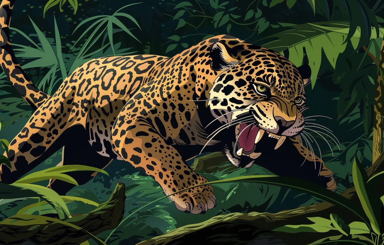 Photo wallpaper Grass, Jump, Jaguar, Fangs, Face, Predator, Art, Digital art