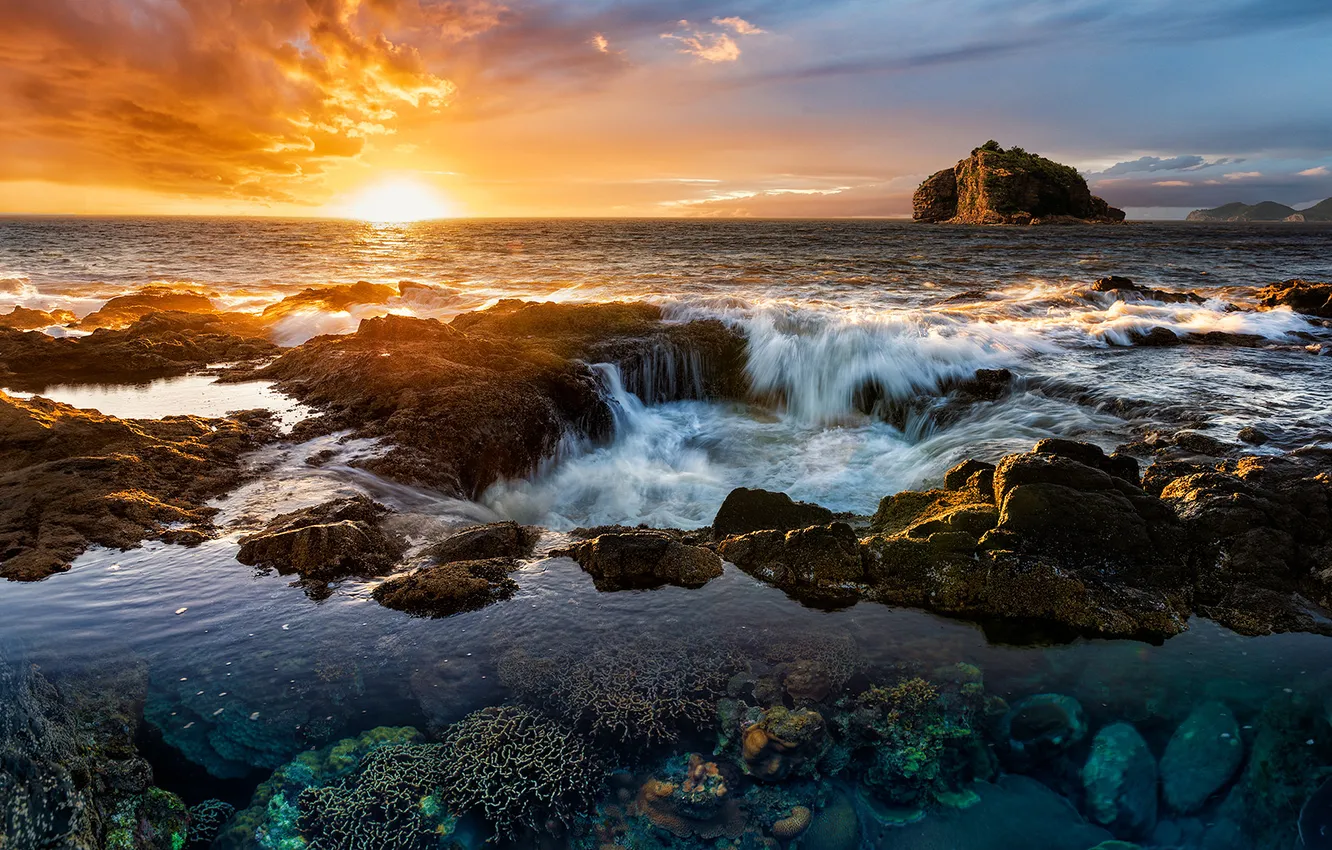 Photo wallpaper sea, wave, the sky, the sun, clouds, rays, sunset, stones