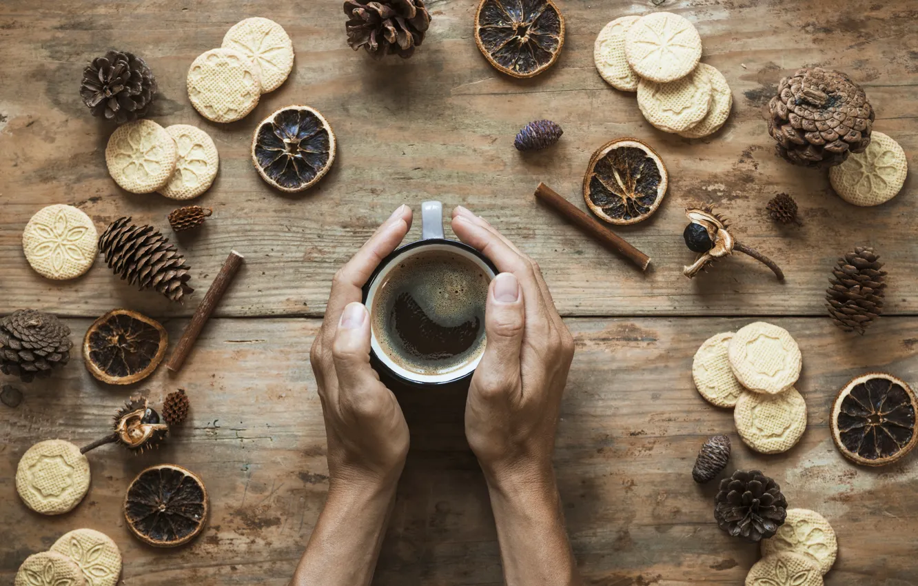 Photo wallpaper autumn, coffee, hands, cookies, Cup, cinnamon, bumps, chestnut