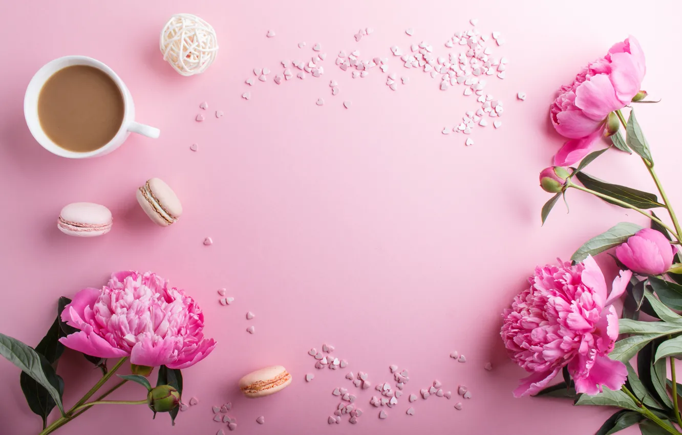 Photo wallpaper coffee, cookies, pink, peonies, Julia Sudnitskaya