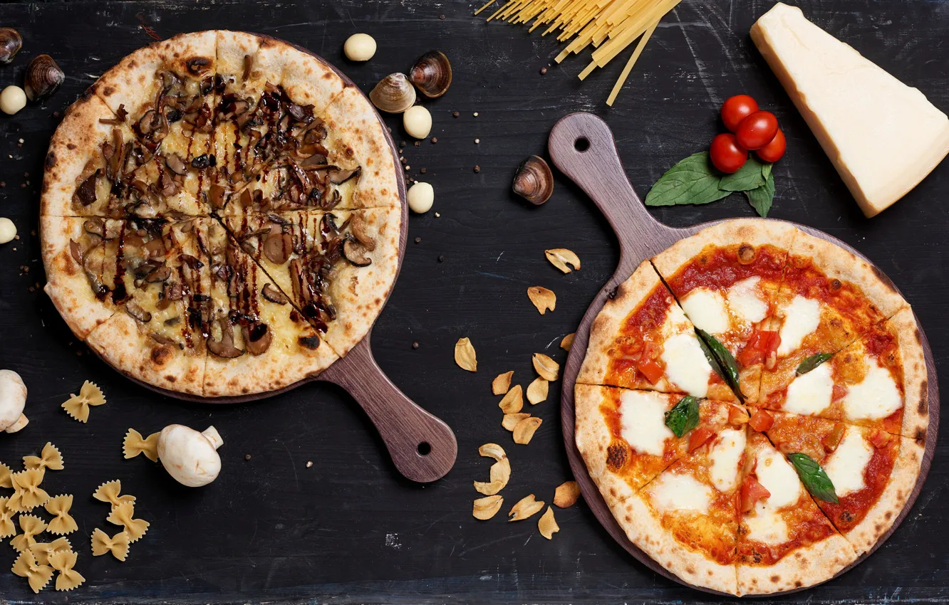 Photo wallpaper mushrooms, cheese, seafood, the dough, pasta, pizza