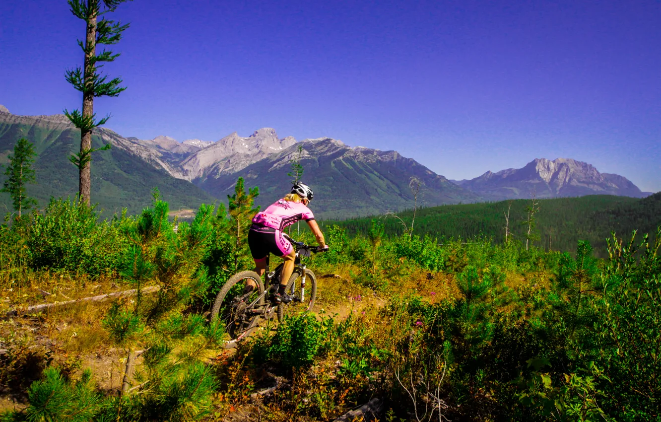 Photo wallpaper girl, nature, sport, mountain bike, cyclist, pink dress