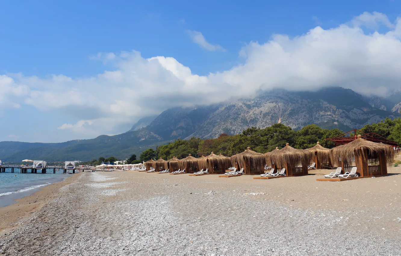 Photo wallpaper sea, beach, clouds, mountains, Turkey, sun loungers, Kemer