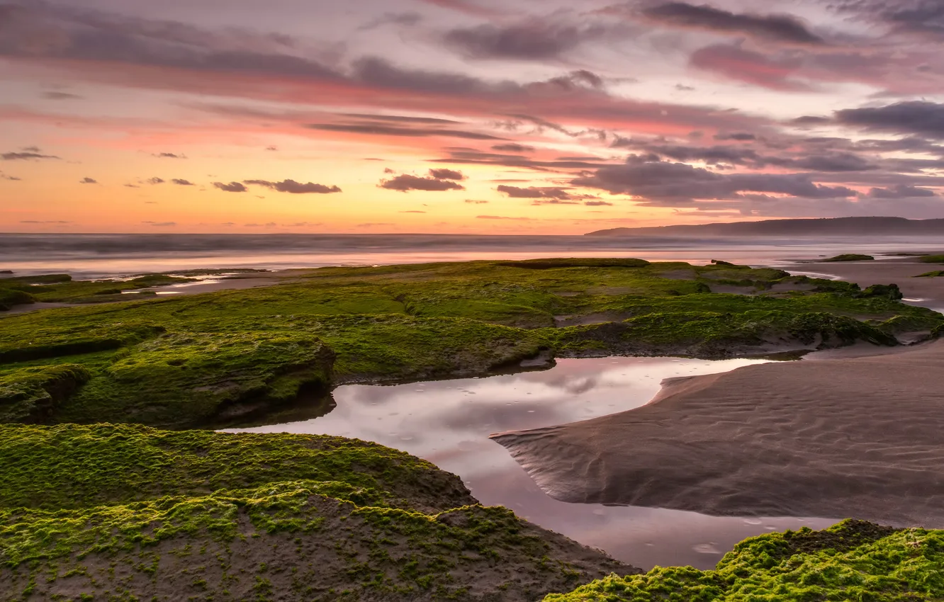 Photo wallpaper sand, the sky, clouds, sunset, stones, shore, dal, pond