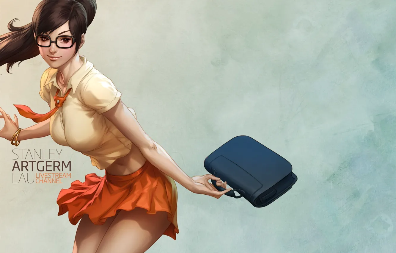 Photo wallpaper girl, background, art, glasses, bag, Stanley Lau