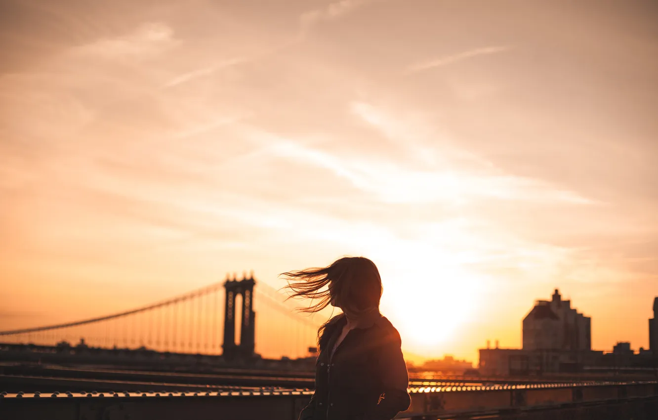 Photo wallpaper the sky, girl, sunset, bridge, the wind, street, hair