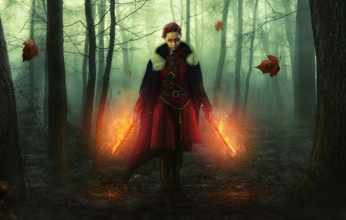 Photo wallpaper fire, dagger, forest, woman