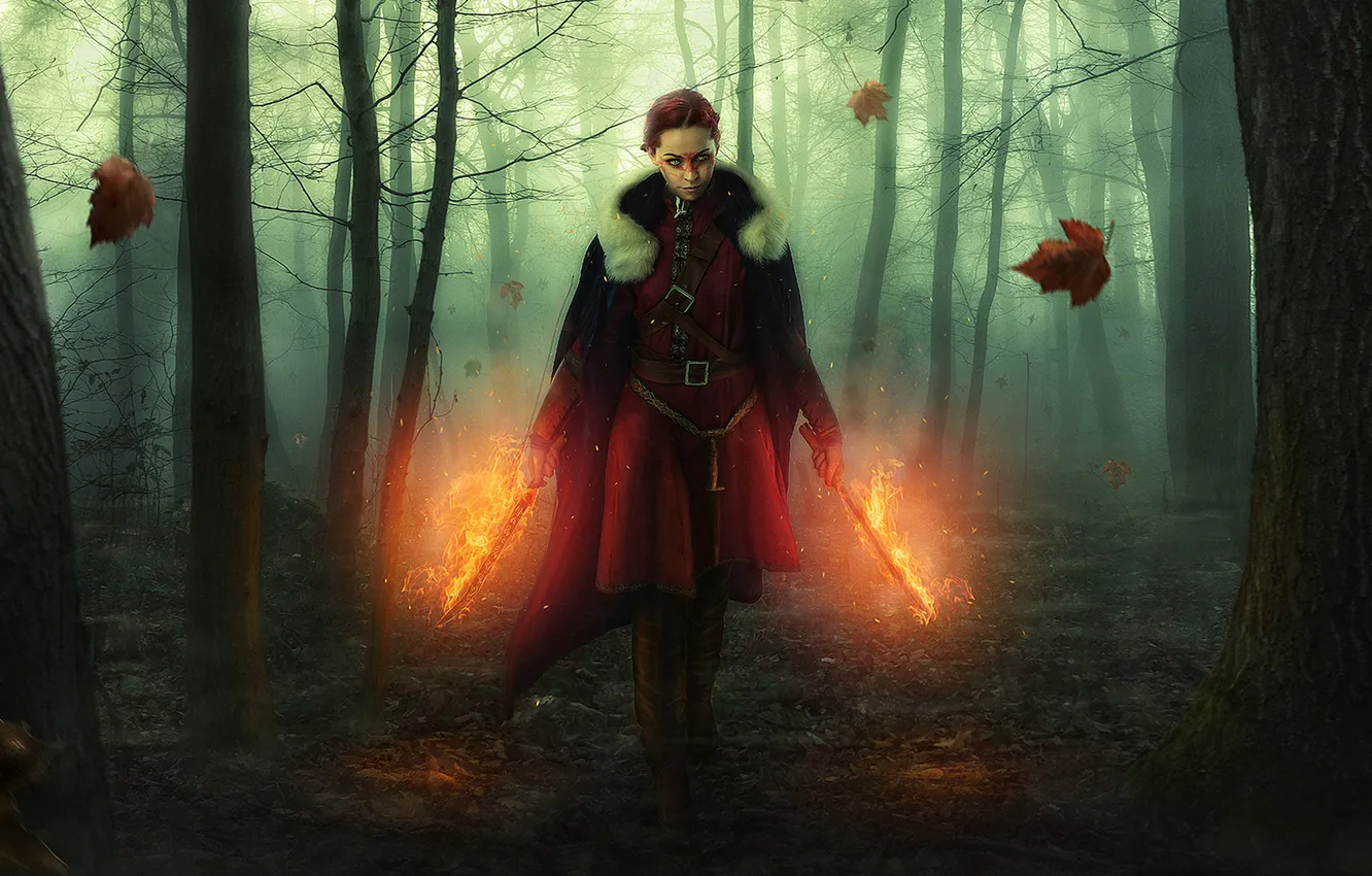 Photo wallpaper lights, dagger, forest, woman