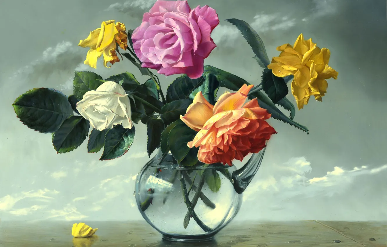 Photo wallpaper flowers, roses, vase, painting, glass vase, Alexei Antonov, Still Life, Alexey Antonov